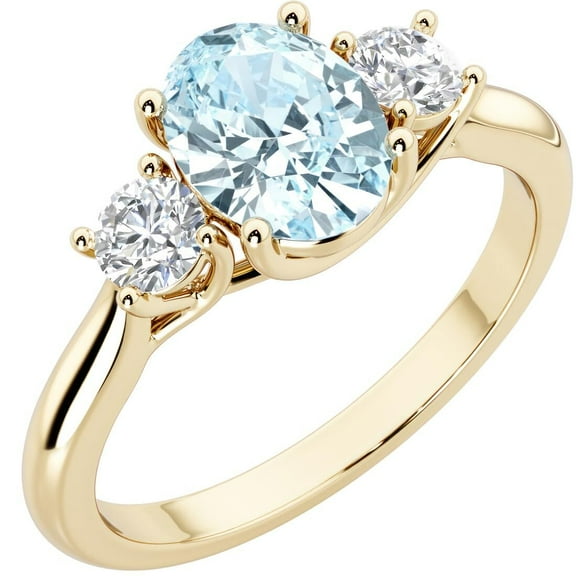PEORA 14K Yellow Gold Oval Aquamarine and Lab Grown Diamond 3 Stone Trellis Ring, 1.30 Carats total, Size 9.5