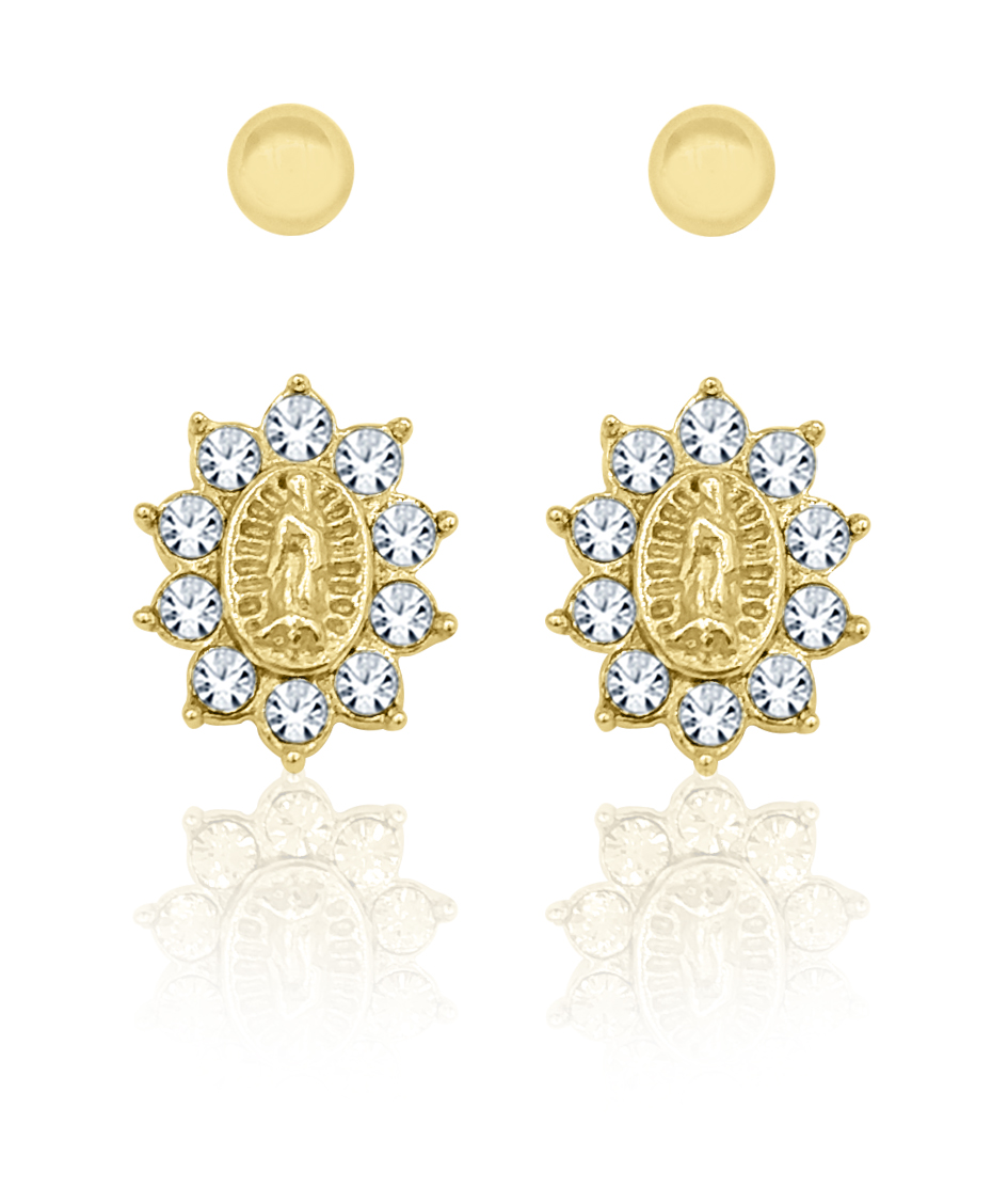 Brilliance Fine Jewelry 14K Gold Plated Sterling Silver Crystal Guadalupe & Ball Studs Children’s Earrings Set