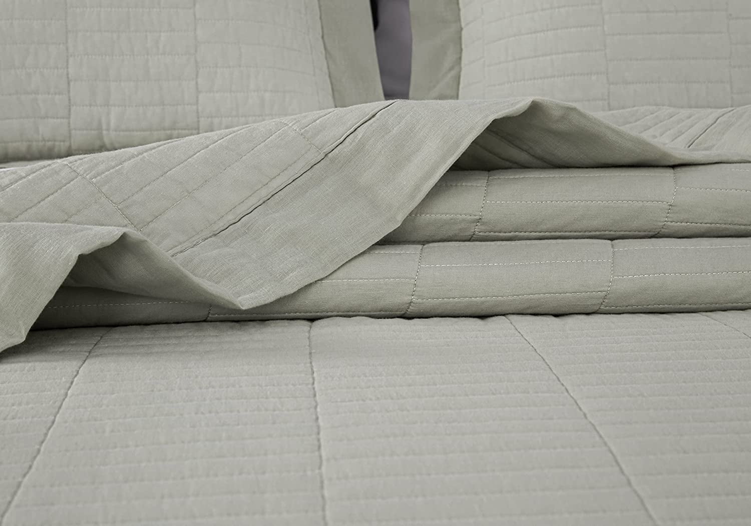 Chezmoi Collection Yuma 3-Piece 100% Cotton Quilt Set Queen Size, Natural, Modern Geometric Rectangle Stitched Quilt Washed Cotton Bedspread Set for All Season