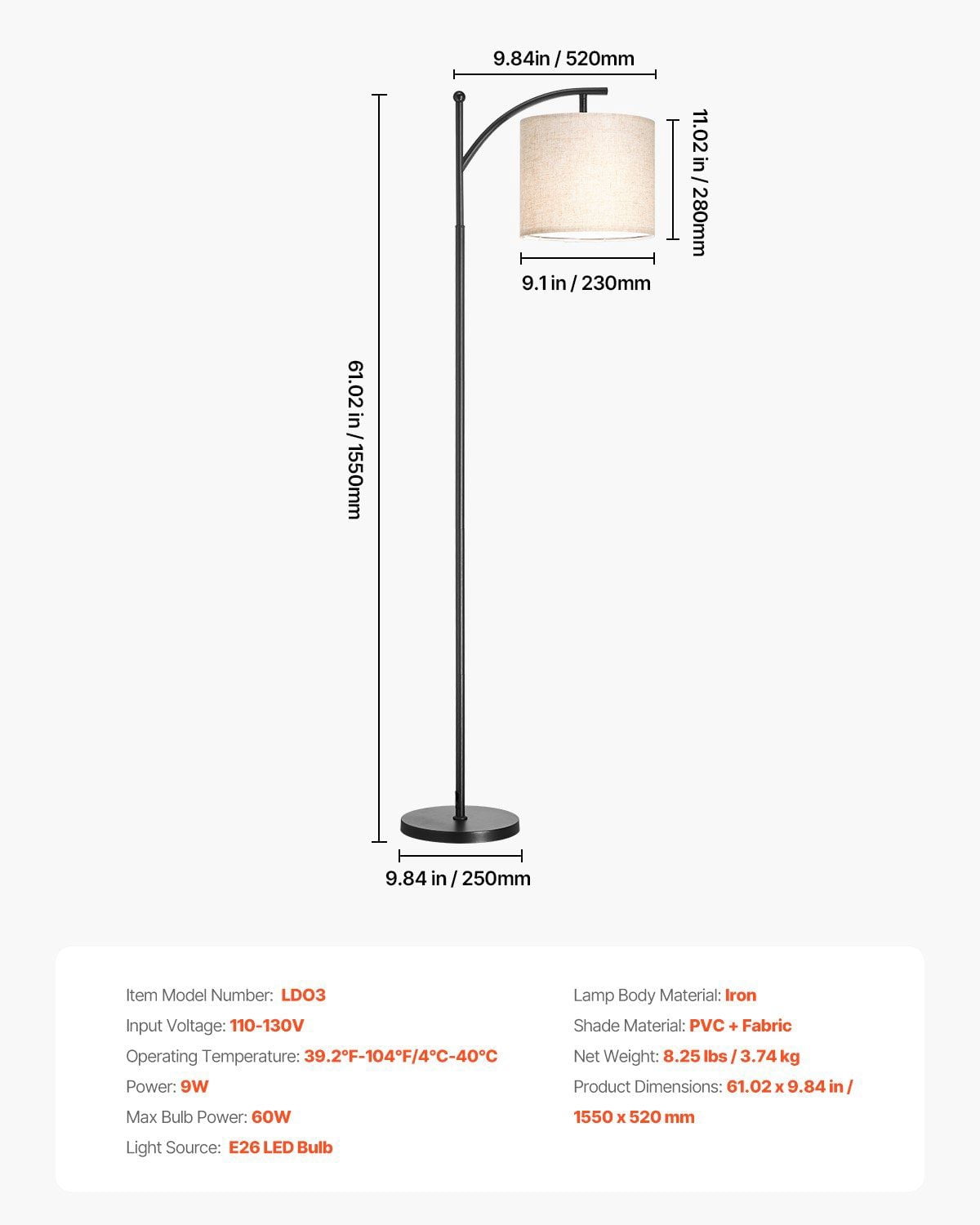 Floor Lamp for Living Room with Remote Control, Dimmable LED, 3 Color Temperature Options, Tall Standing Light