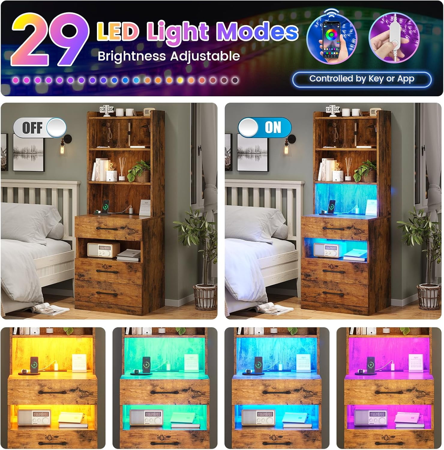 AOGLLATI 51.8in Tall Nightstand with Charging Station, LED Lights, Bookshelf, 3 Drawers, Bedside Table