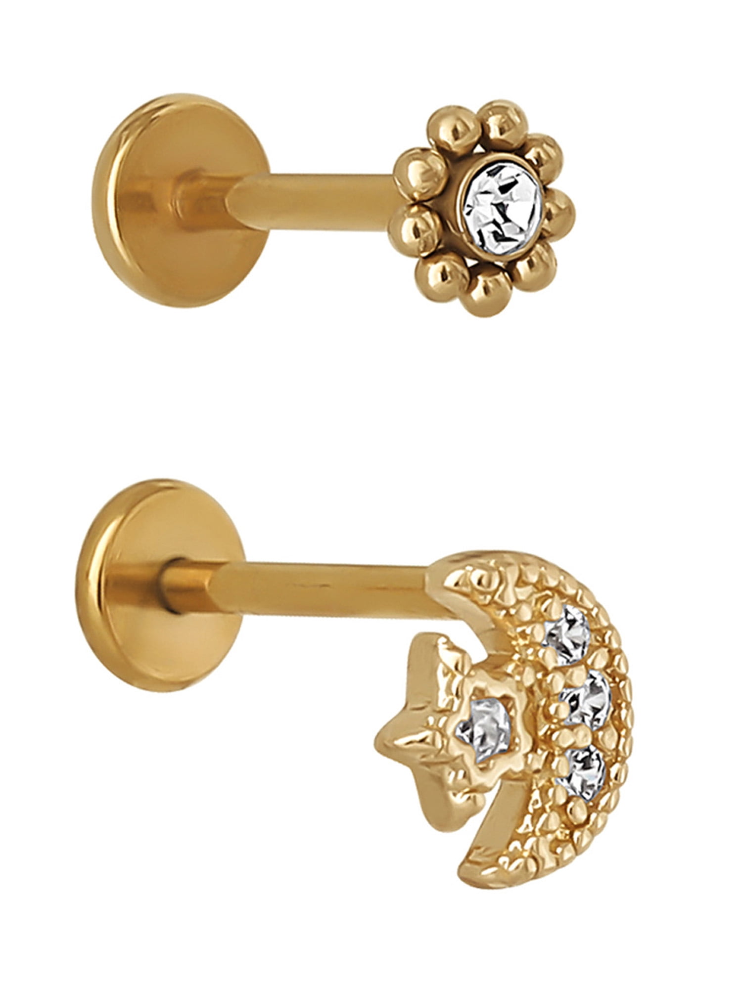 No Boundaries Gold Tone Stainless Steel Moon Flatback Cartilage Earrings, 2 Piece Set