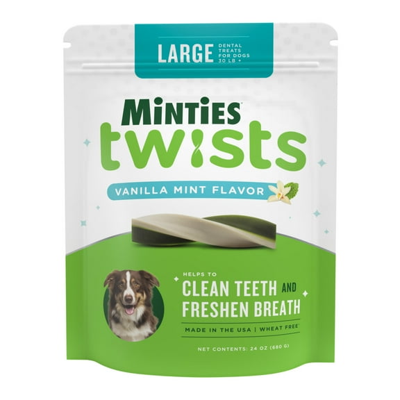 MINTIES Twists Dog Dental Bone Chews for Medium/Large Dogs Over 30 lbs, Vanilla and Mint Flavor, 24 oz