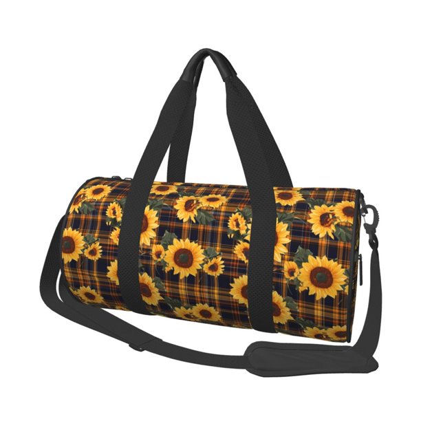 Balery Brown Blue Plaid Sunflower Bolsa de Gimnasio para Mujeres y Hombres, Bolsa de Viaje Impermeable, Bolsa de Fin de Semana con Compartimento para Zapatos y Bolsillo Húmedo