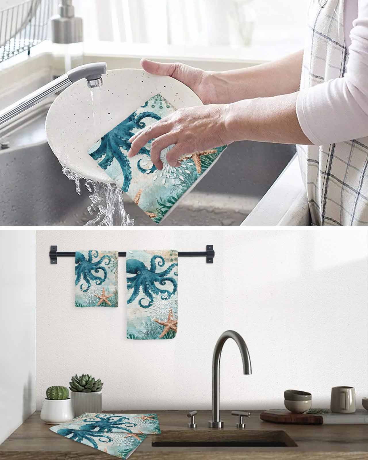 Coastal Octopus Dish Towels Set, Waffle Weave Kitchen Towels 4 Pieces, Teal Nautical Beach Starfish Vintage Microfiber Hair Face Bath Tea Towel Absorbent Quick Drying Cleaning Dish Cloths 12"x12"