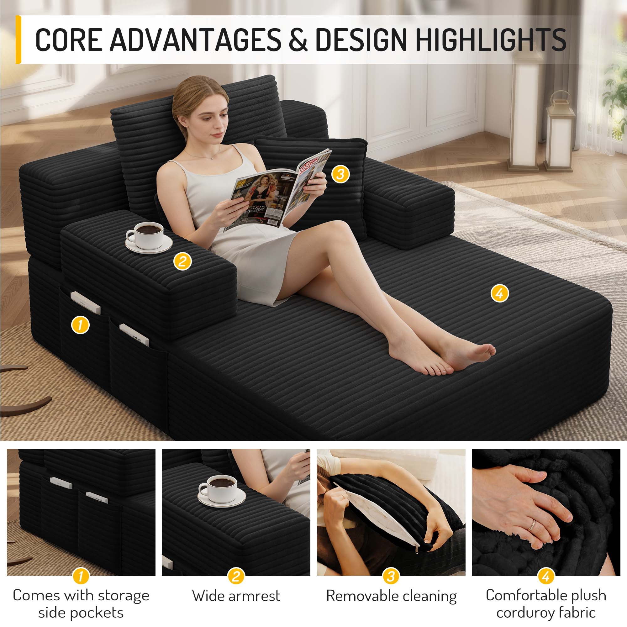 Miniyam 70" x 48.5" Sofa Bed for Small Spaces, Convertible Chaise Lounge with Storage Pocket & Pillows, Plush Corduroy Futon, Black