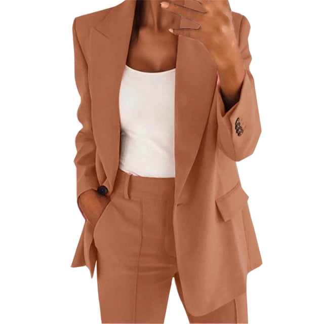 MIASHUI Cardigan Ajusté à Revers Cranté pour Femmes, Style Blazer Élégant, Veste Décontractée à devant Ouvert pour Femmes Marron,G