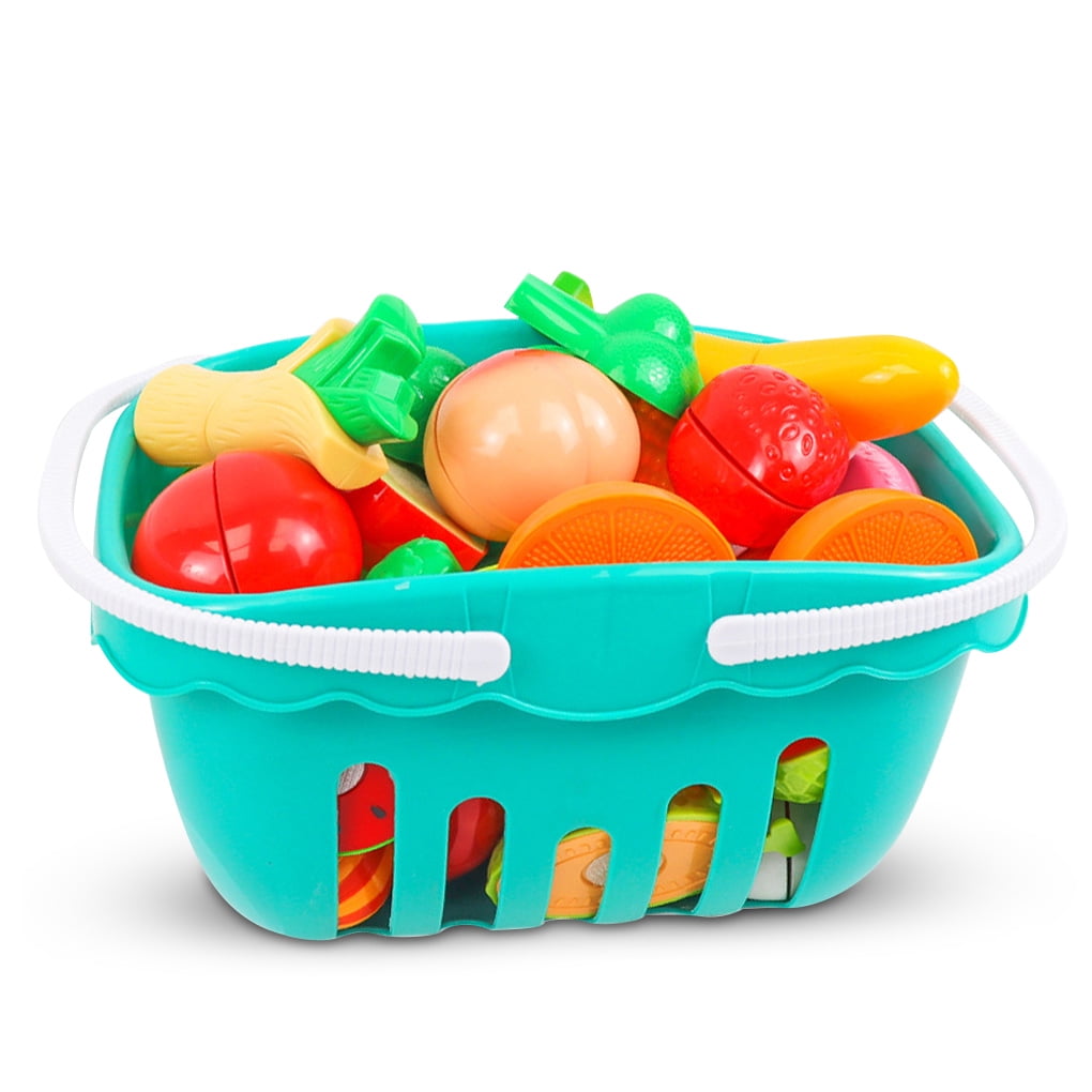 Plastic Play Food Kit with Grocery Basket Fruit Vegetables Kitchen