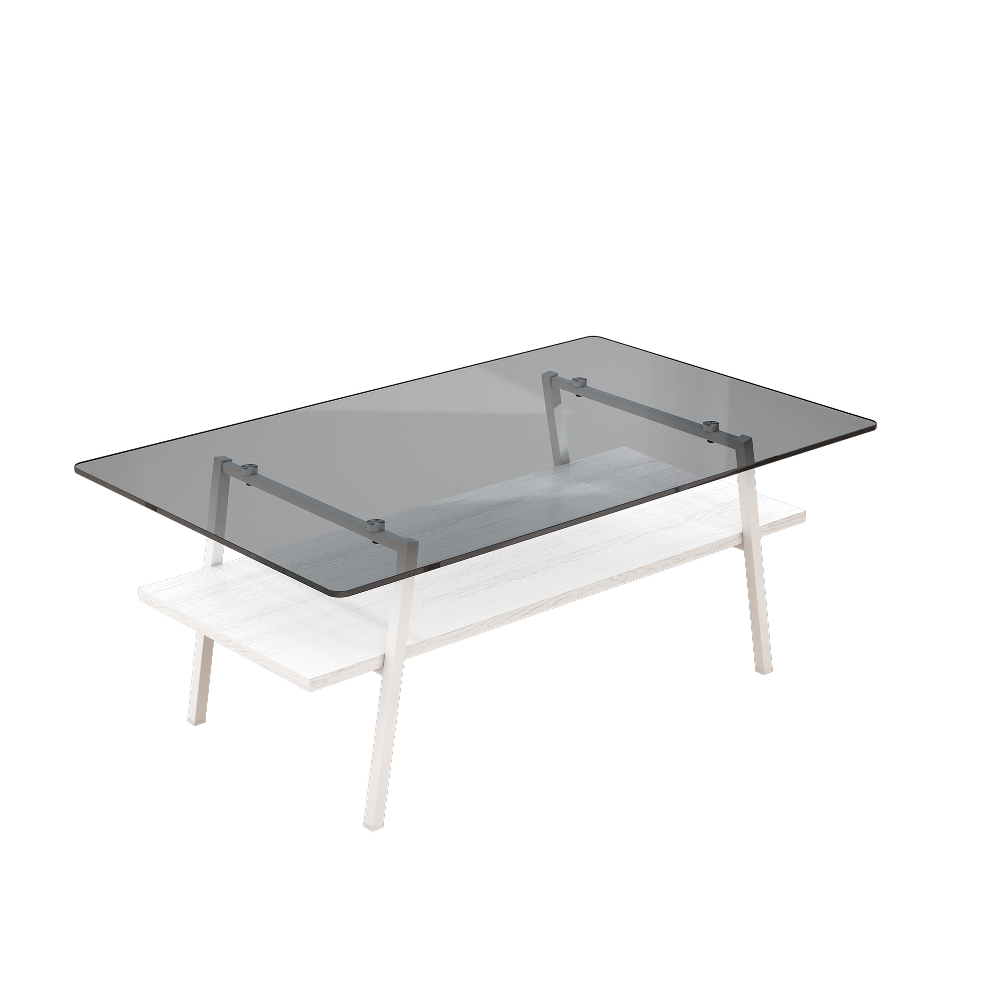 Euroco Rectangle Coffee Table, Tempered Glass Tabletop with White Metal Legs, Modern Table for Living Room , Gray Glass