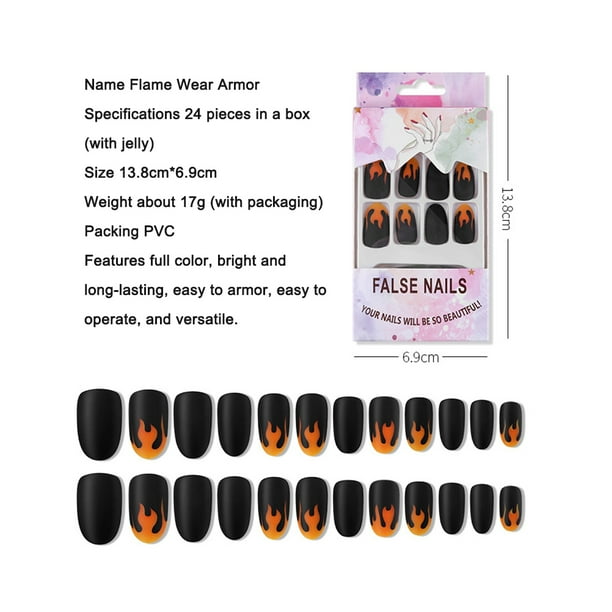 Juego de uñas postizas negras, 24 piezas de puntas de uñas postizas con llamas, uñas postizas con llama, uñas postizas ultra sensibles
