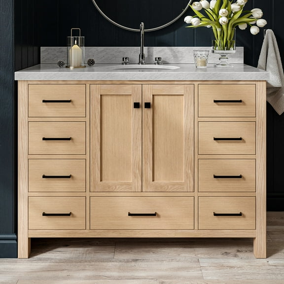 Ariel Cambridge 49 Inch Single Oval Sink Bathroom Vanity With Italian Carrara Marble Countertop 1.5 Inch Edge In Oak