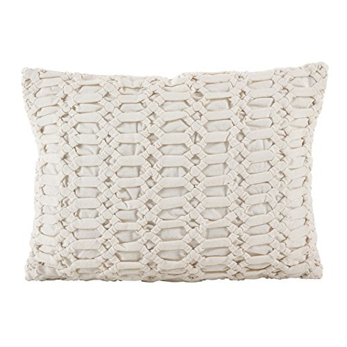 SARO LIFESTYLE Smocked Textured Design Cotton Down Down Filled Throw Pillow, 14" x 20", Ivory