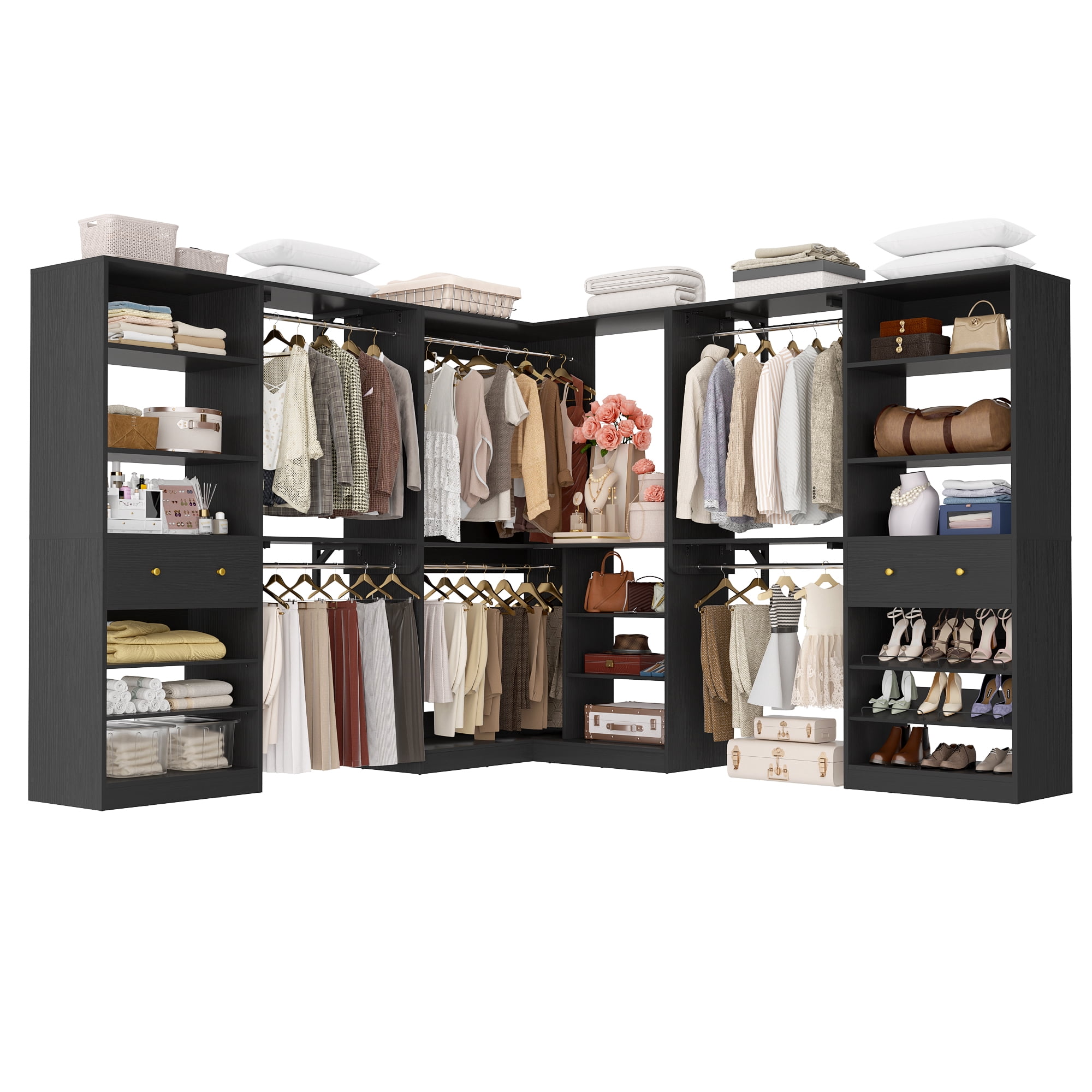 Homieasy Closet system with 2 wooden drawers, 6 hanging rods and