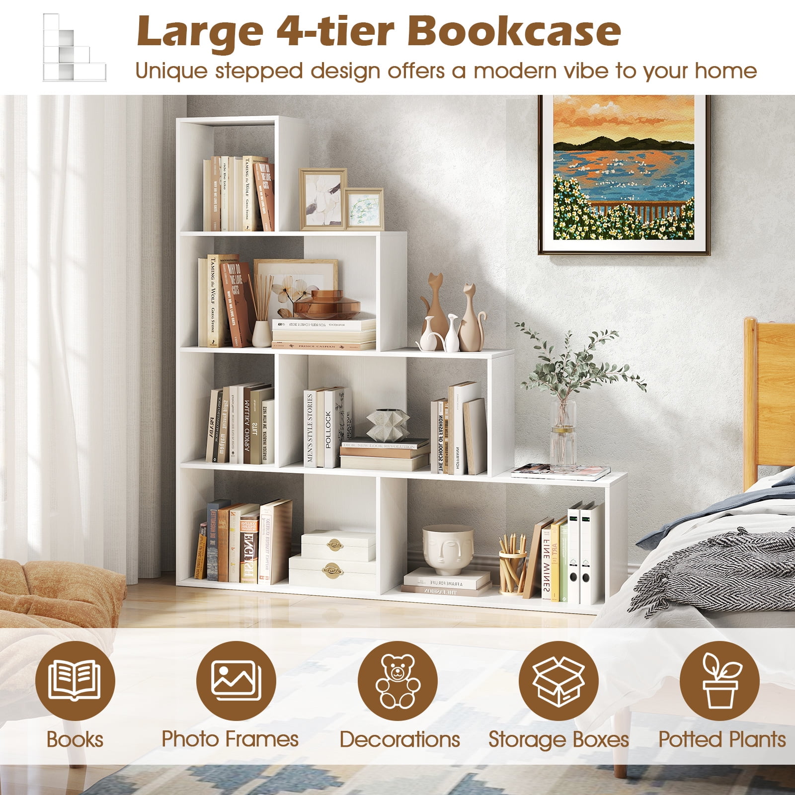 Giantex 4-Tier Stepped Bookshelf, Freestanding Ladder Storage Shelf w/ 6 Cubes, Modern Display Rack, White
