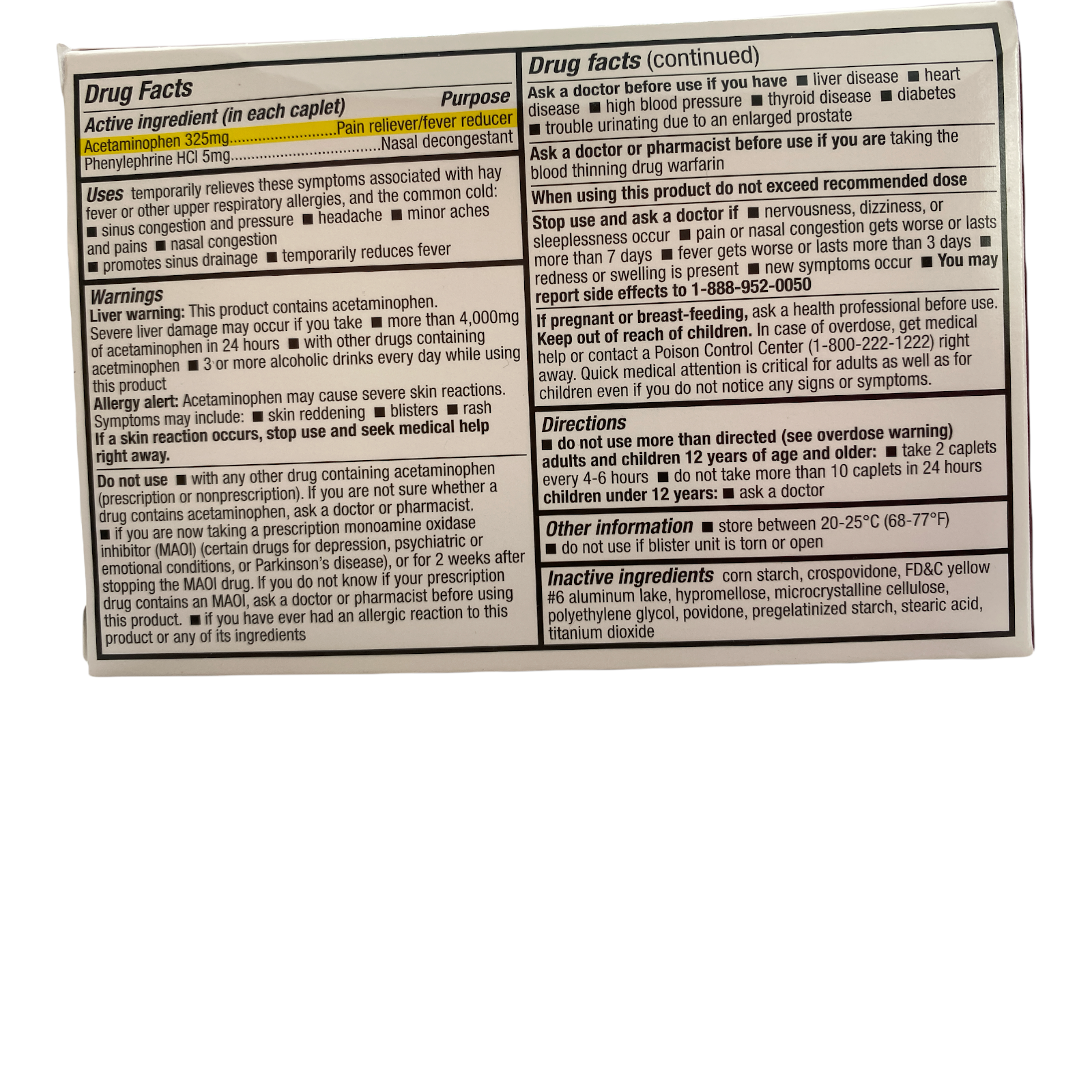 Buy Sinus Headache PE NonDrowsy Acetaminophen 325 mg Phenylephrine 5