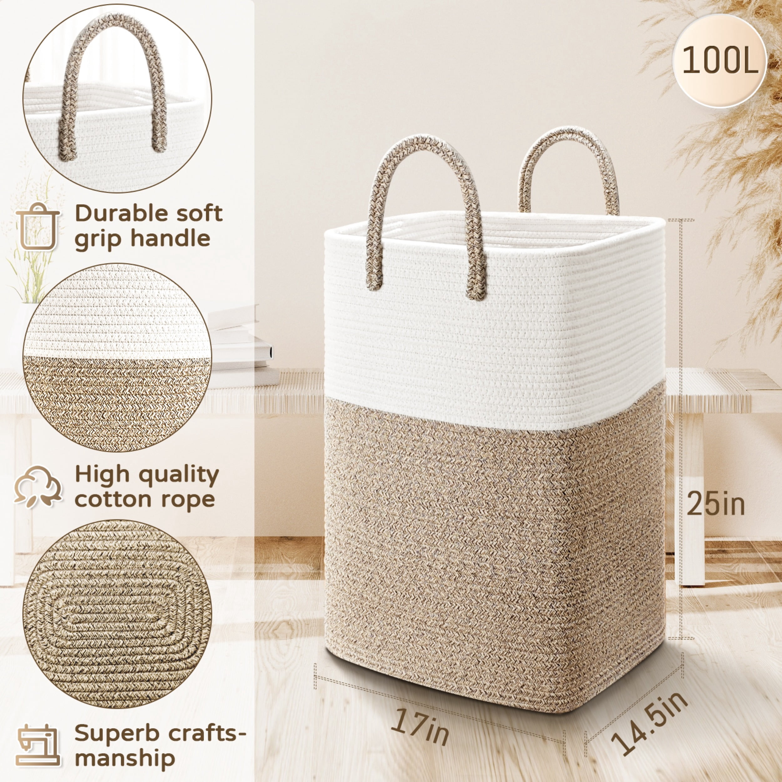 Laundry Basket, Woven Cotton Rope Laundry Hamper, Versatile Storage for Dirty Clothes, Baby Toys, and Blankets in Bathroom, Nursery, and Living Room