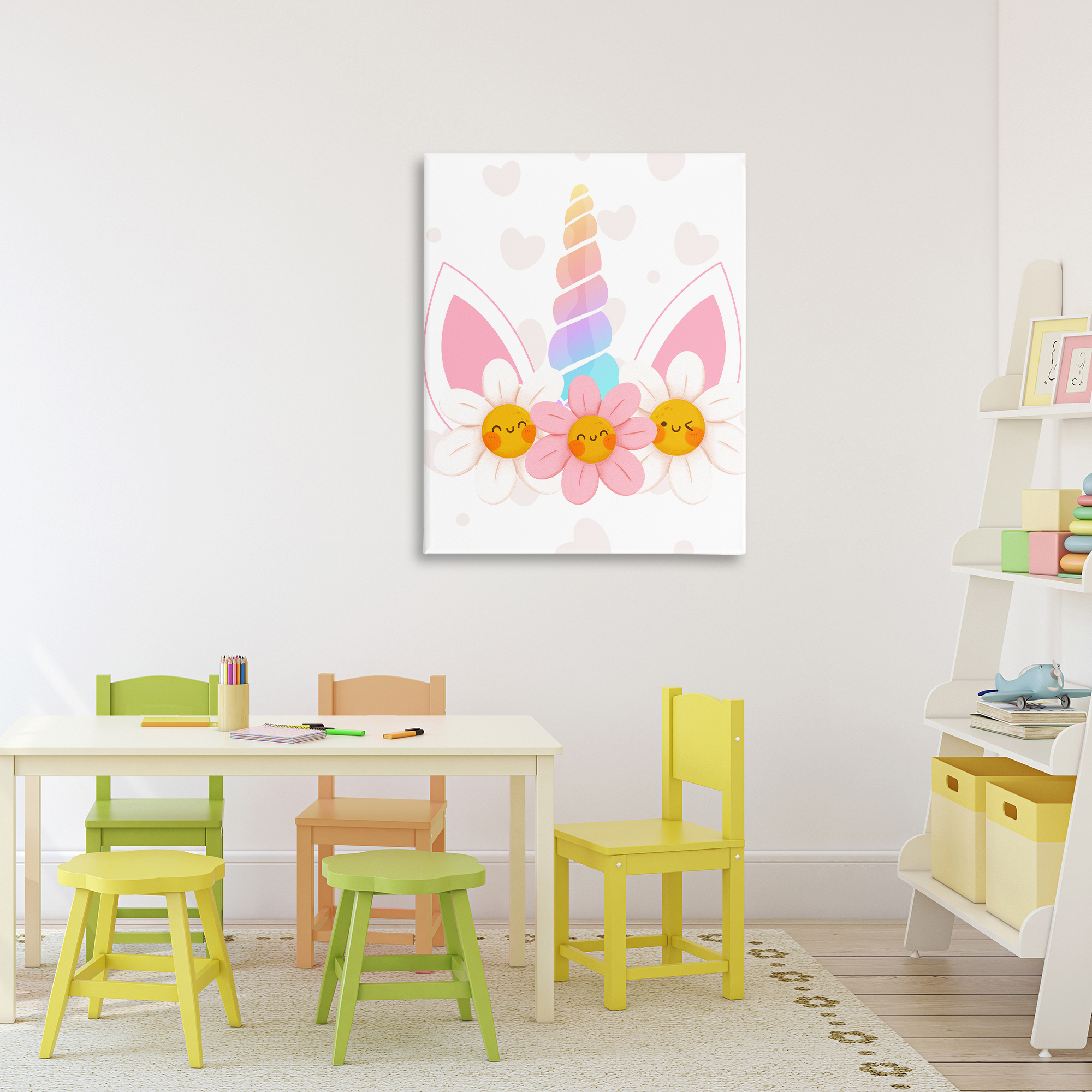 Daisy Unicorn with Hearts Canvas Wall Art, design by Jesse Keith