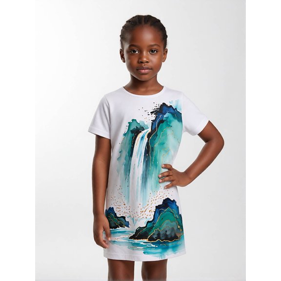 Kids Modern Short Sleeve Dress Regular-Fit Crewneck Casual Dresses for Girls Little Girls Age 5-10 Basic Design