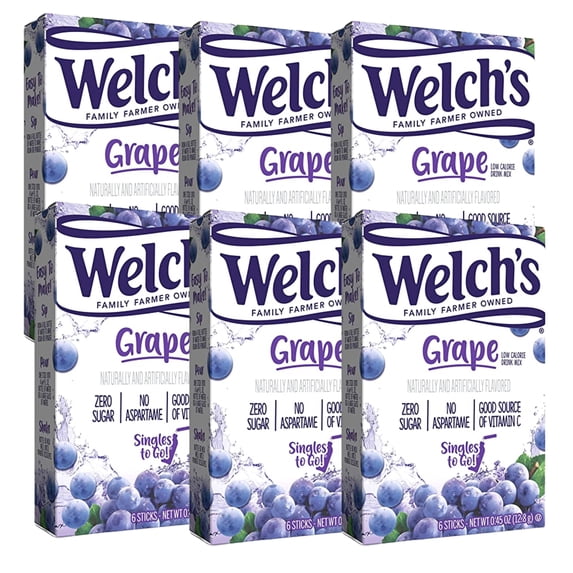 Welch's On the Go Water Drink Mix Grapes Flavor No Sugar Gluten Free and Low-Calorie Powdered Beverages for Home Lunch Office Gym Picnic Camping Indoor Outdoor Drinks 6 Sticks Pack of 6