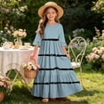thumbnail image 7 of ITSAME Girls Summer Dresses Ruffle Short Sleeve Striped Print Round Neck Flowy Casual A-Line Dress Light Blue Size 12, 7 of 7