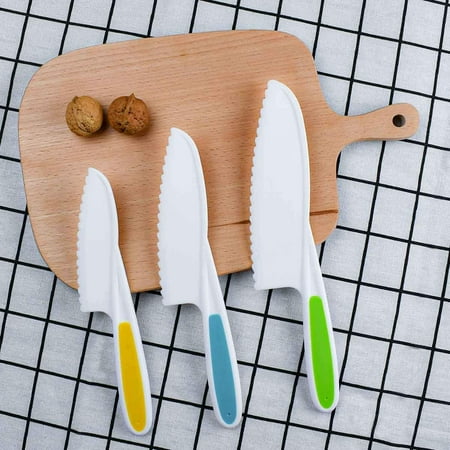 

Nogis Kids Knife Set of 3 - Firm Grip Serrated Edges & Safe – Colorful Nylon Toddler Cooking Knives to Cut Fruits Salad Cake Lettuce (MultiColor)