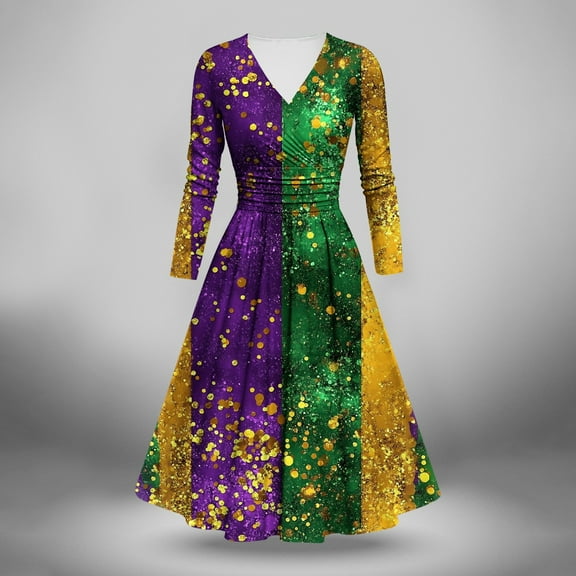 Jinhomg Womens Sparkle Holiday Dresses Novelty Mardi Gras Sequin Print Dress Flowy Swing Long Sleeve Crew Neck Midi Dress Carnival Party Dress Spring Saving Today Multicolor XXL