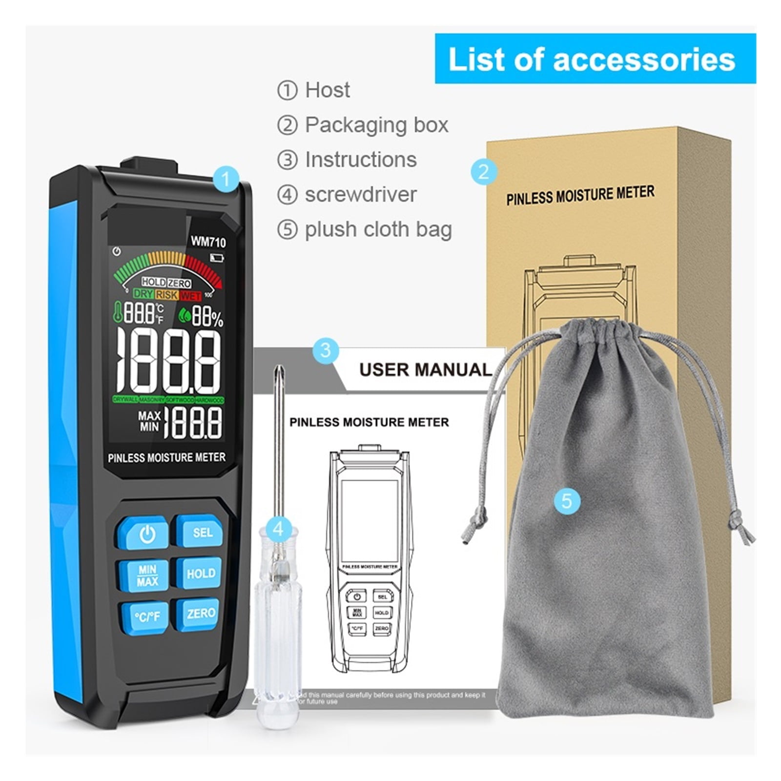 Wood Moisture Meter Inductive Timber Damp Detector Moisture Sensor Humidity Meter Hygrometer Moisture Tool ,Wide Applications