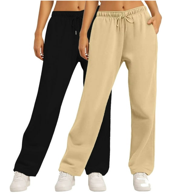 FAIWAD 2pc Straight Leg Sweatpants for Women Solid Color Elastic Waist Loose Jogger Pants with Drawstring