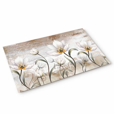 Vintage Floral Door Mat White Flowers Abstract Art Plants Idyllic Non Slip Absorbent Entrance Mat Washable Low Profile Indoor Doormat for Front Door Entryway Entry 16 x24