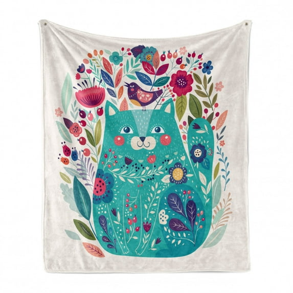 Cat Soft Flannel Fleece Throw Blanket, Kitty Surrounded by Birds Flowers Ladybugs Inspirational Folk Baby Theme, Cozy Plush for Indoor and Outdoor Use, 50" x 70", Seafoam Multicolor, by Ambesonne