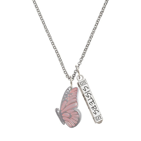 Delight Jewelry Silvertone Large Translucent Pink Flying Butterfly Silvertone Sisters Best Friends Forever Bar Charm Necklace, 23"