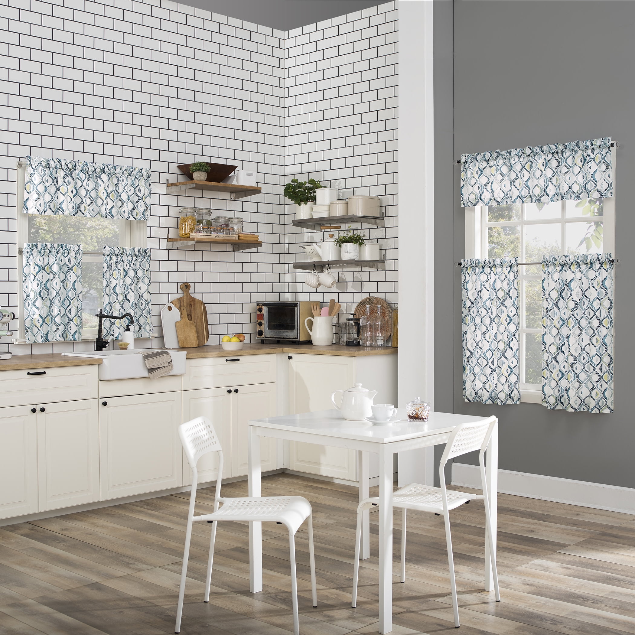 Mainstays 3-Piece Semi Sheer Rod Pocket Kitchen Window Tier Pair and Valance, 2 Café Curtains and 1 Curtain Valance, White Modern Ogee, 54"W x 36"L