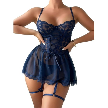 SkyAuks Babydoll Dress for Women  Floral Lace Mesh See Through Lingerie with Thong  Navy Blue(M)