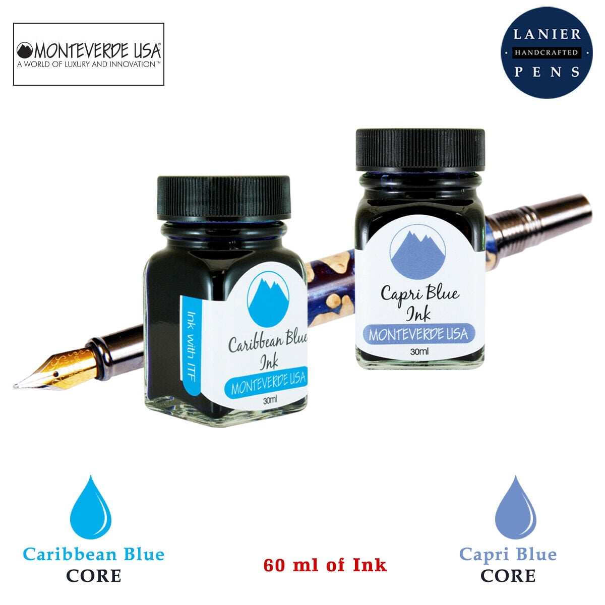 Monteverde 60ml Core Fountain Pen Ink Bottle (30ml Caribbean Blue Ink Bottle G309CU, 30ml Capri Blue Ink Bottle G309CB)