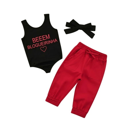 

Toddler Baby Girls Summer Clothes Kids Sleeveless Letter Printed Top Shirt Pants Set with Headband