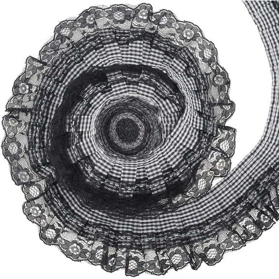 5Yds Black Checkered Pleated Chiffon Gathered Lace Trim 2.5 Inch Gingham Organza Ruffle Fabric Buffalo Plaid Embroidered Applique Edging Ribbons for DIY Sewing Dress Clothes Embellishment