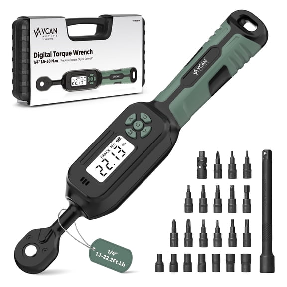 VCAN ACTIVE 1/4 Drive Digital Torque Wrench (1.1-22.2ft.lb) ±2% Accuracy, with Buzzer, LED Flash & Track Mode, Inch Pound, Set with Bits & Sockets for Bike, Moto, Gunsmithing