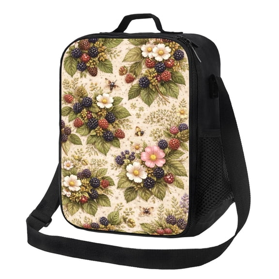 Blackberry Floral Lunch Bag Insulated Thermal Lunch Box with Shoulder Strap & Handle for Women and Men