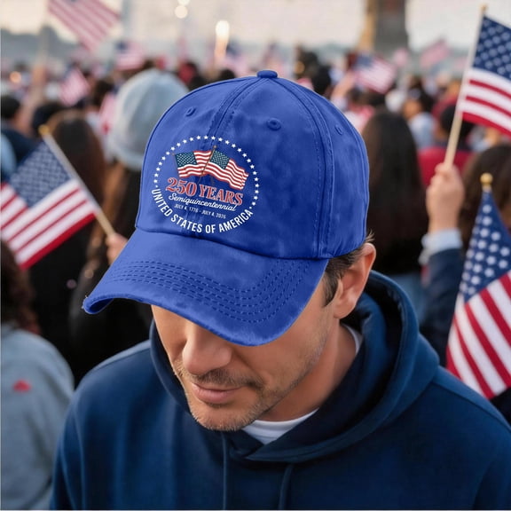 250th Anniversary USA Hat - 4th of July Adjustable United States 250th Anniversary Hat Unisex Retro Embroidered Baseball Cap Blue