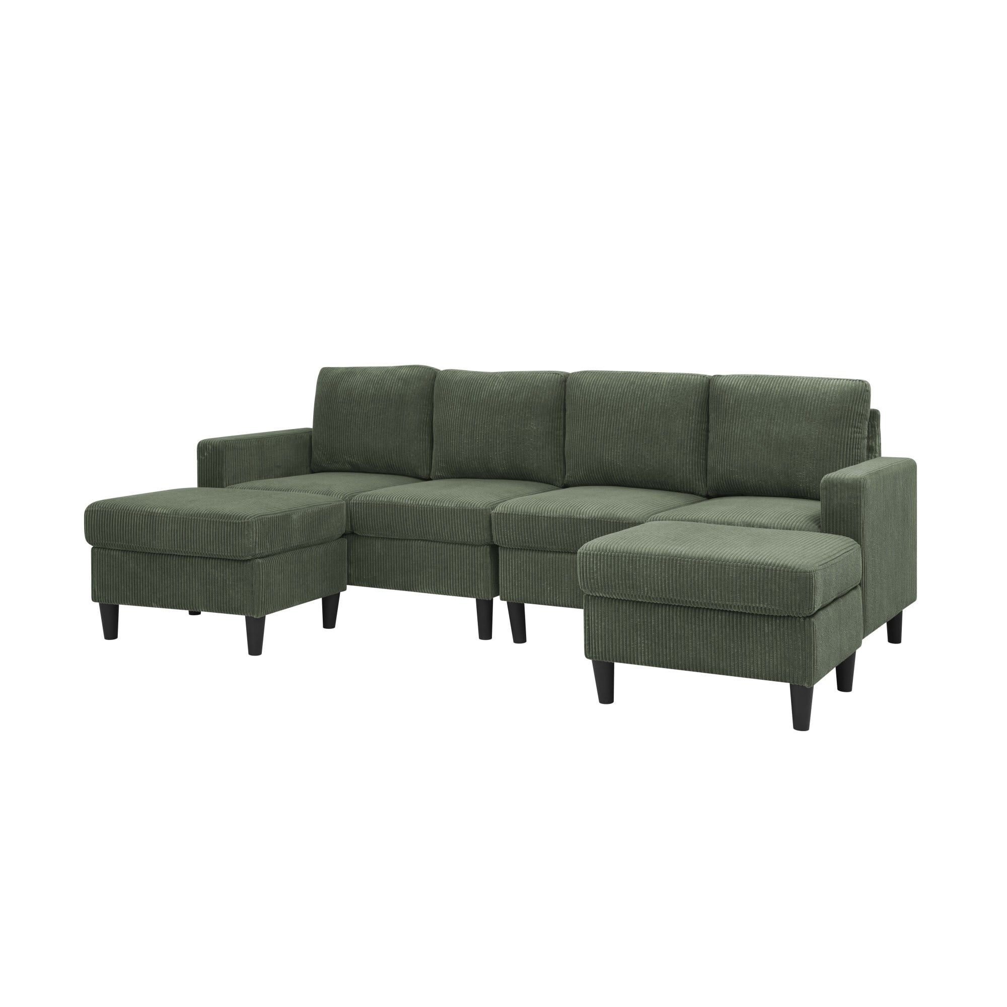 DEALTOPS 101" U-Shaped Modular Sectional Sofa with 2 Ottomans, Corduroy 4-Seater Cloud Couch for Living Room, Green