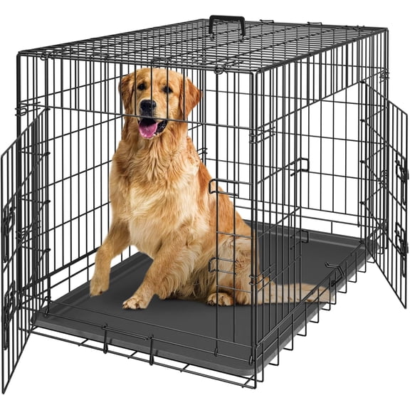 30/36/42 Inch Dog Crate Double Door Folding Metal Dog or Pet Crate Kennel with Tray and Handle