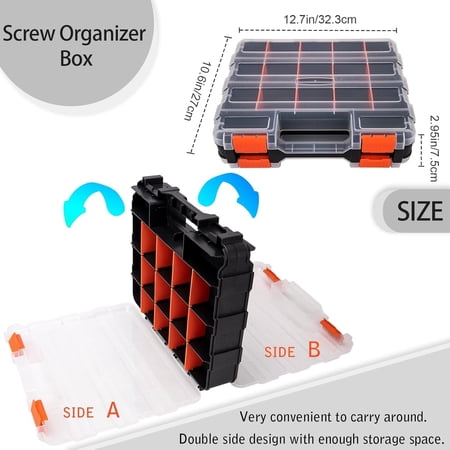 Screw Organizer Small Parts Organizer Hardware Storage Box 34-Removable Compartment Plastic Double Sided Nut and Bolt Storage Case for Hardware Screws Bolts Nuts Nails$$Tools