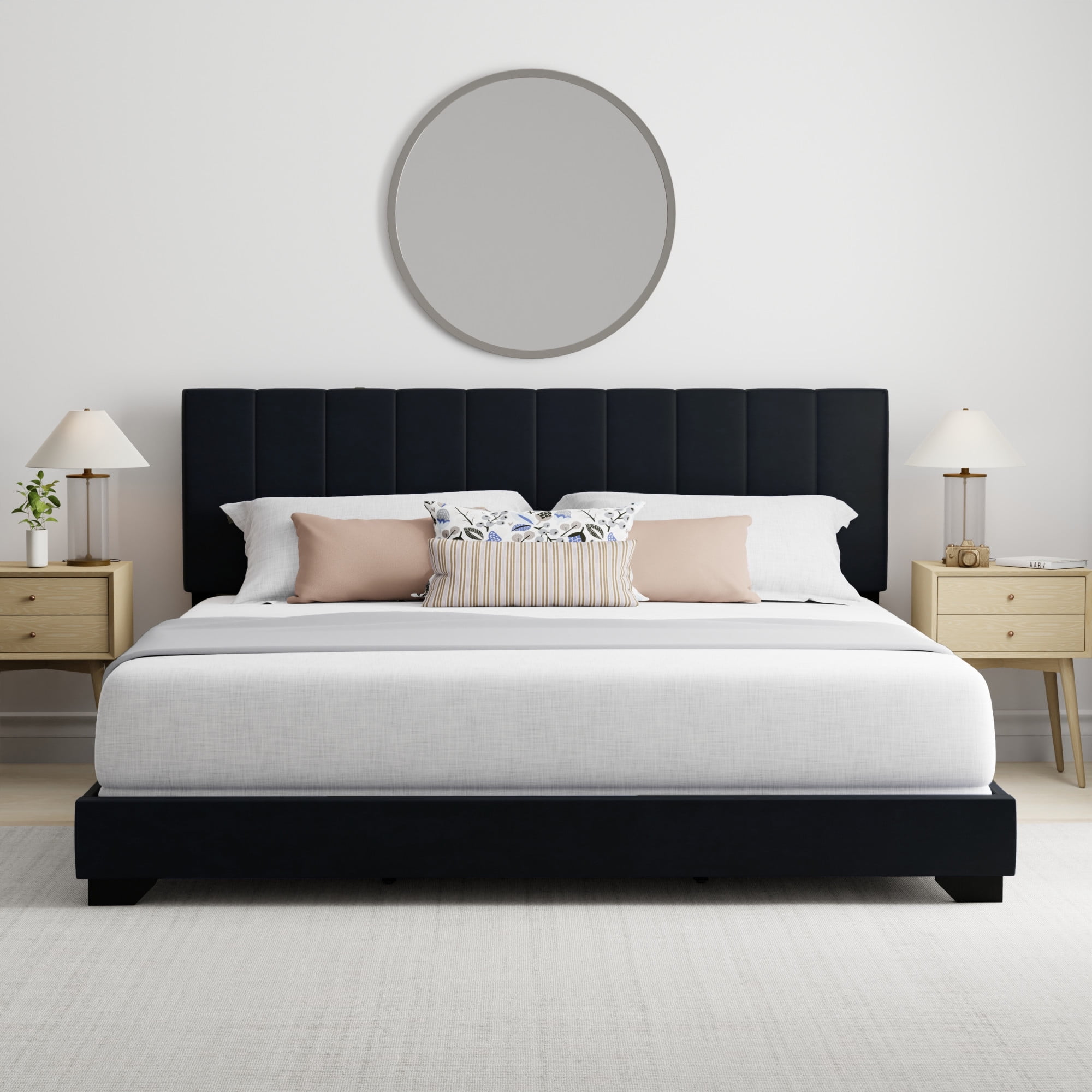 Reece Channel Stitched Upholstered King Bed, Black, by Hillsdale Living Essentials