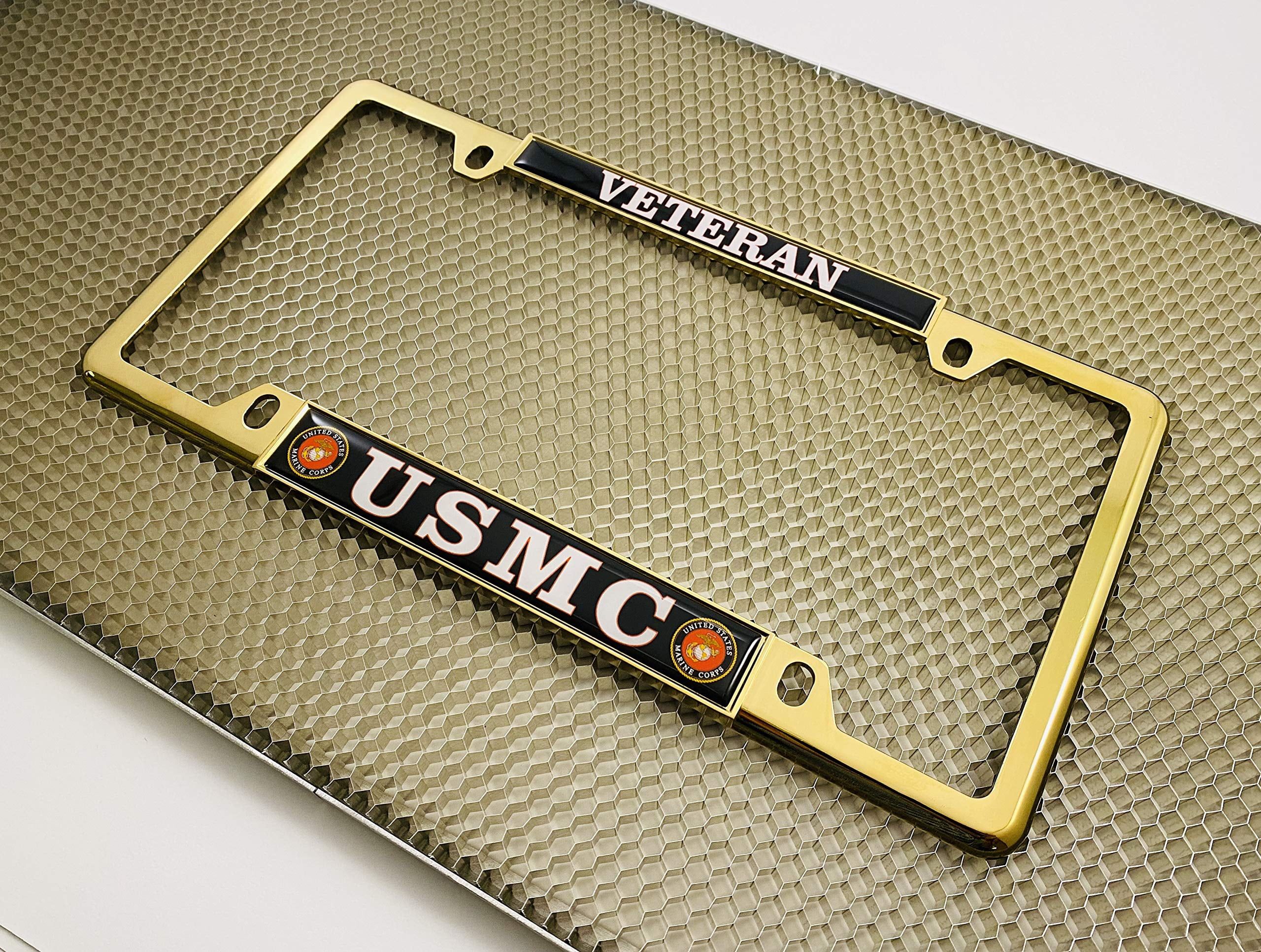 [Officially Licensed US Marine Corps Product] - USMC Veteran - Domed Custom-Made Personalized Narrow (Thin) Top 4 Hole Metal Car License Plate Frame with Free caps - Gold Frame (Qty: 1)
