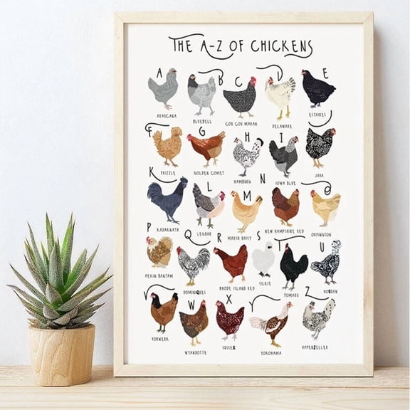 GATEGOO Poster A-Z Of Chickens Poster, Chicken Breeds Art, Alphabet Poster No Framed 8X12, UNFRAMED