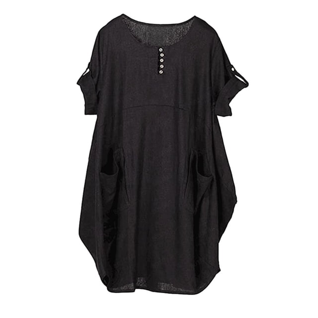 Vestido suelto Minnieouse femenino manga corta primavera verano Cuello Irregular Casual color sólido Negro L