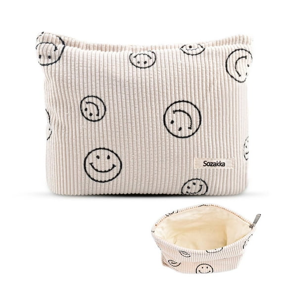 Smiley Face Corduroy Makeup Bag for Women - Multi-Purpose Cosmetic Organizer with Zipper, Travel Toiletry Pouch, Cute Gift