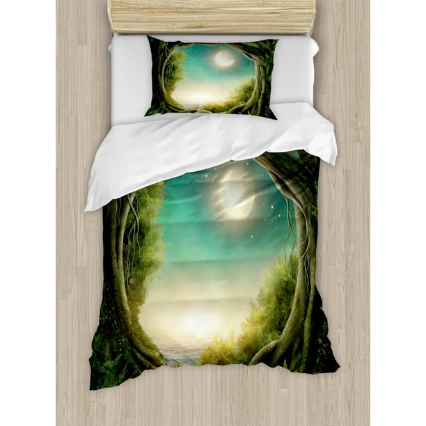 Kids Duvet Cover Set Trees In Enchanted Forest Full Moon Artistic