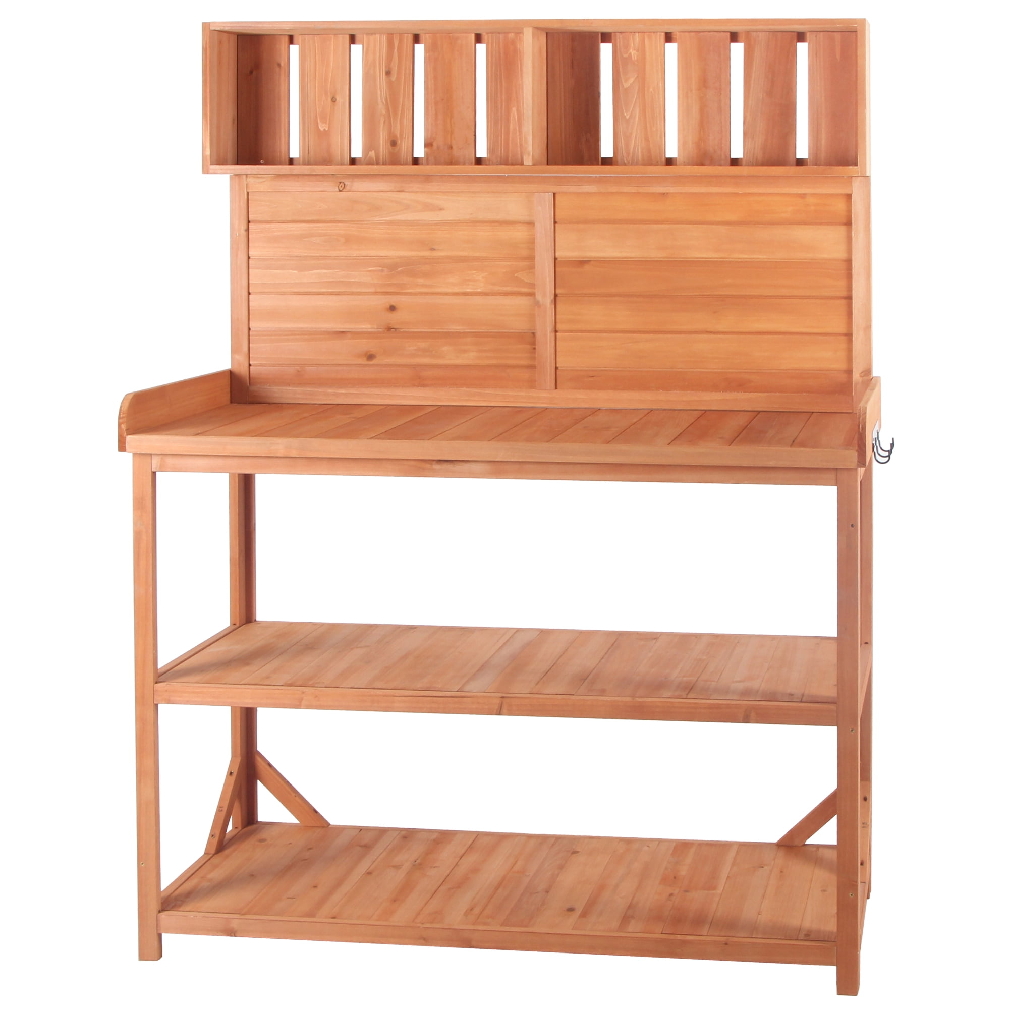 Yoneston 65" Large Wooden Farmhouse Rustic Outdoor Potting Bench Table, Garden Patio Workstation with 4 Storage Shelves and Side Hook for Gardening Backyard Mudroom, Brown