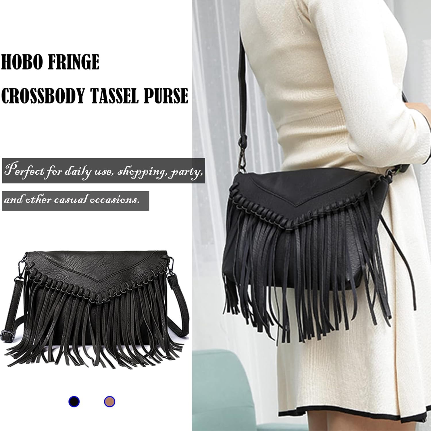 Vintage Fringe Purse Fringe Hobo Bags for Women Vegan Leather Tassel Hippie Crossbody Bag